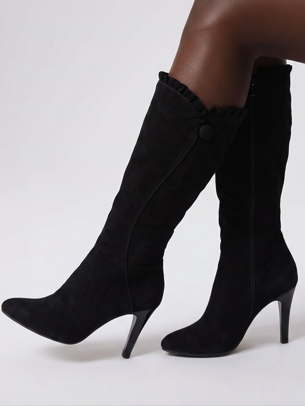 Impo Tamora Faux Suede Knee High Ruffled Detail Stiletto Boots Size 7